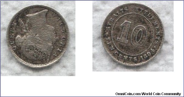 Straits Settlements, 10 cents, 1894, Ag