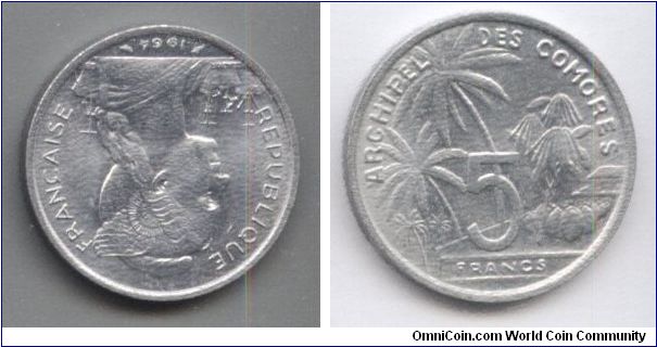 Comoros , 5 francs, 1964, aluminium