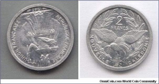 New Caledonia, 2 francs, 1949, aluminium