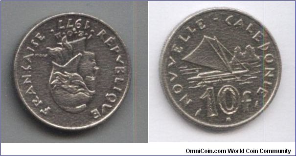 New Caledonia , 10 francs, 1977, nickel
