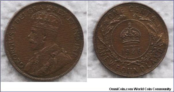 New Foundland, 1 cent, 1936, bronze