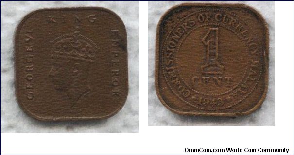 Malaya, 1 cent, 1943, bronze