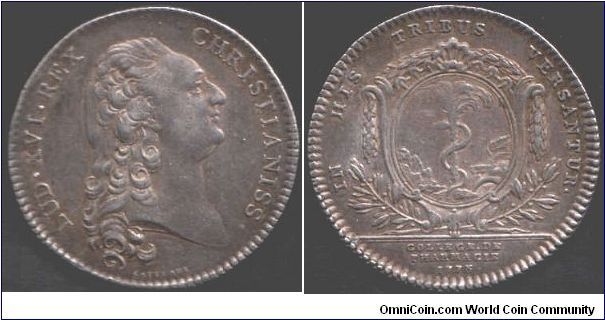 Another very rare silver jeton of the College of Pharmacy in Paris. Medal rotation. Obverse mature bust of Louis XVI by Gatteaux. Reverse, arms of the ancient guild of epiciers and apothiquaires.