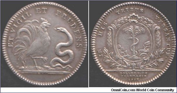 Another very rare silver jeton of the College of Pharmacy in Paris. Coin rotation. Obverse, cockerel squaring up to a serpent. Reverse, arms of the ancient guild of epiciers and apothiquaires.