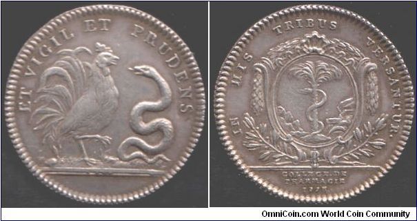 Another very rare silver jeton of the College of Pharmacy in Paris. Coin rotation. Obverse, cockerel squaring up to a serpent. Reverse, arms of the ancient guild of epiciers and apothiquaires.