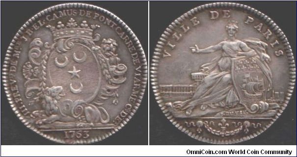 Nice silver jeton issued for the Lord Provost of Paris (M'sieu J.B. Elie Camus de Pontcarre de Viarme) in relation to his third term in office. Obverse, his coat of arms. Reverse, `Ville de Paris' by DuVivier.