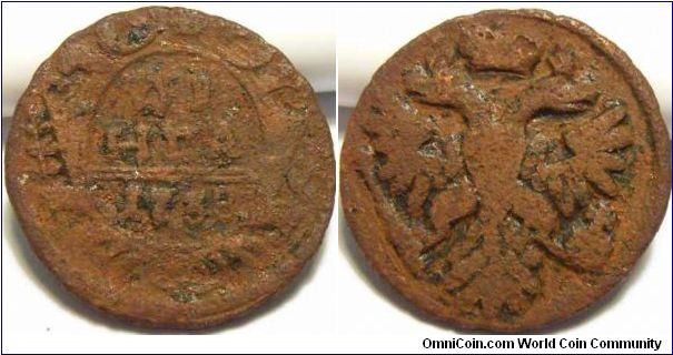 Russia 1738 1 denga. Corroded.