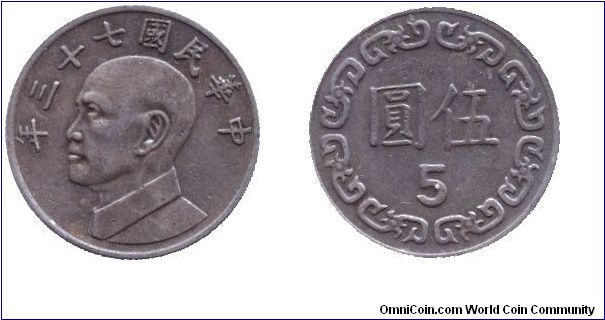 Taiwan, 5 dollars, 1984, Cu-Ni, Chiang Kai-shek, D: 73.                                                                                                                                                                                                                                                                                                                                                                                                                                                             