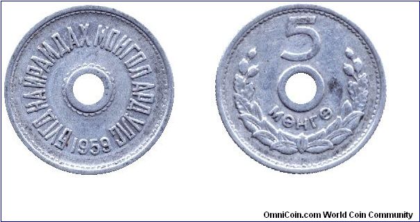 Mongolia, 5 mongo, 1959, Al.                                                                                                                                                                                                                                                                                                                                                                                                                                                                                        