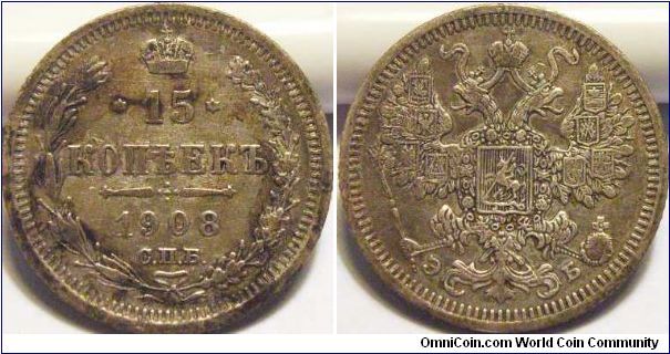 Russia 1908 15 kopeks. Nice details there. Probably VF+
