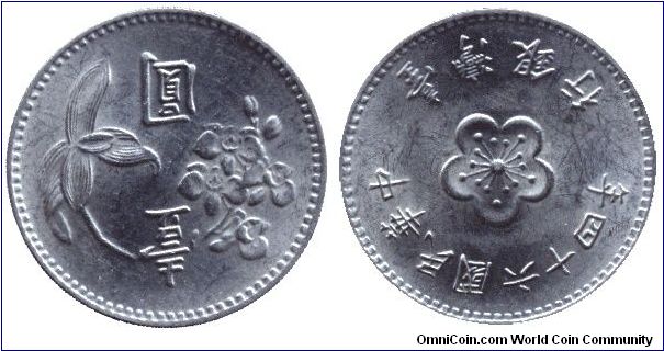 Taiwan, 1 dollar, 1978, Cu-Ni-Zn, Flowers.                                                                                                                                                                                                                                                                                                                                                                                                                                                                          