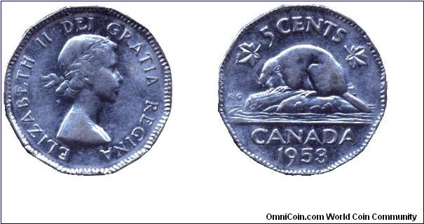 Canada, 5 cents, 1953, Ni, Queen Elizabeth II, Beaver.                                                                                                                                                                                                                                                                                                                                                                                                                                                              