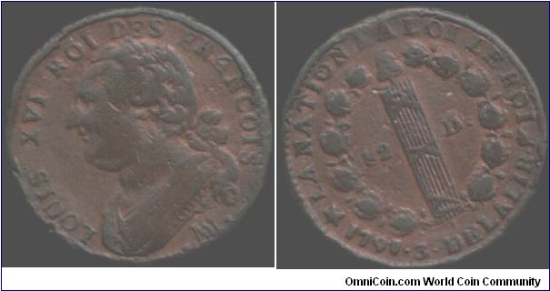 Nice collectable grade copper 12 deniers with bust of Louis XVI minted at Marseille (MA monogram under bust). These are becoming pretty difficult to find in decent grade.