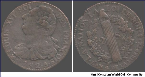 Decent grade large copper / bell metal mix 2 Sols of Louis XVI minted at Paris (A mint mark).