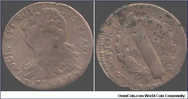 Large bell metal 2 Sols of Louis XVI minted at Lyon (W mint mark). The reverse has seen better days, but is still very collectable.