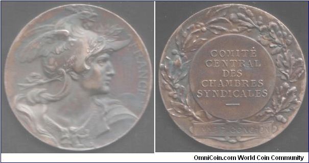 Dark toned matt finish silver medal (not sure if it is plated or solid silver) by Roty for the Paris Chambres Syndicales. Toning to this piece makes it look like the sky is red above the sun (obverse right field).