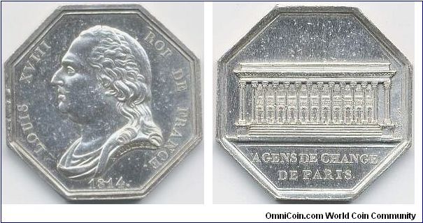 Louis XVIII obv./ Bourse de Paris rev. Silver jeton of the `Agens de Change de Paris' minted during the first and short lived restoration of the monarchy. Same engraver (Tiolier) as the napoleon one.