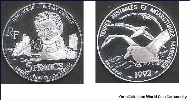 Scarce modern silver proof 5 francs depicting the French Antactic Territories (The Albatross)