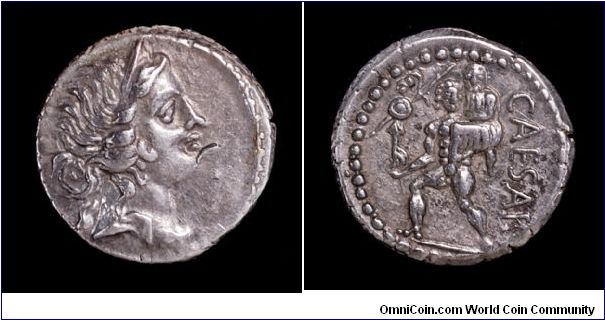 Obv: Venus, banker's mark before chin.
Rev: Aeneas carrying palladium in right hand and Anchises on shoulder. CAESAR on right.