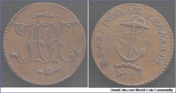 Error Edinburgh half penny (HH Monogram / Anchor). Inverted N's in reverse legends.