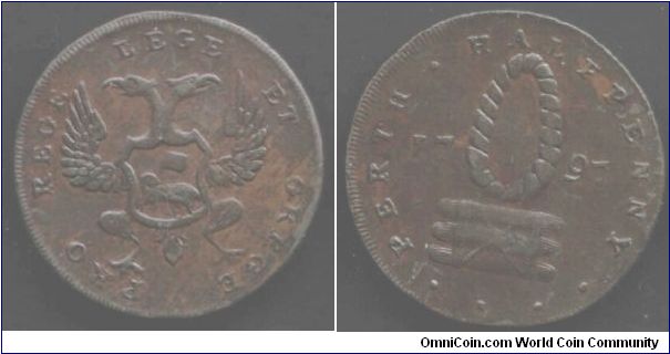 Perth half penny (Heraldic Eagle/ Hank of yarm above dressed flax).