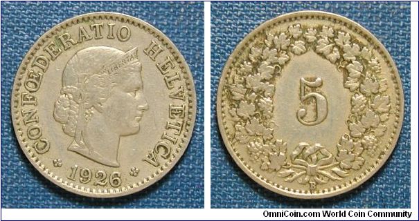 1926 Switzerland 5 Rappen