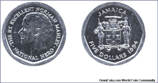 Jamaica, 5 dollars, 1994, National Hero: Norman W. Manley.                                                                                                                                                                                                                                                                                                                                                                                                                                                          