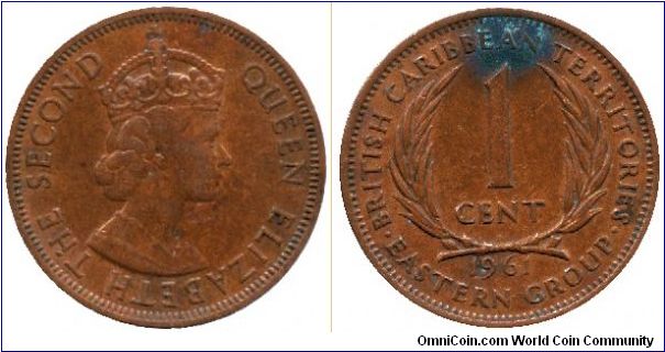 British Caribbean Territories, Eastern Group, 1 cent, 1961, Bronze, Elizabeth II.                                                                                                                                                                                                                                                                                                                                                                                                                                   