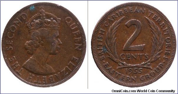 British Caribbean Territories, Eastern Group, 2 cents, 1955, Bronze, Elizabeth II.                                                                                                                                                                                                                                                                                                                                                                                                                                  