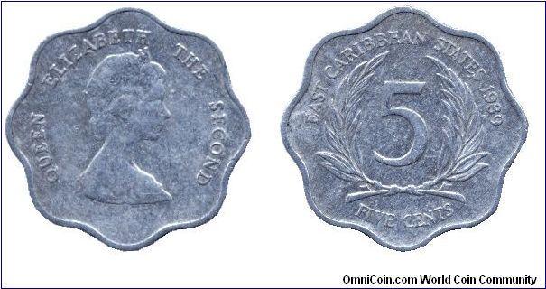 East Caribbean States, 5 cents, 1989, Al, Elizabeth II.                                                                                                                                                                                                                                                                                                                                                                                                                                                             