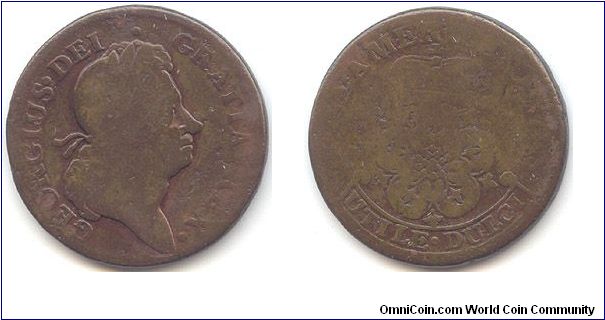 1722 Rosa Americana Twopence, period after REX.