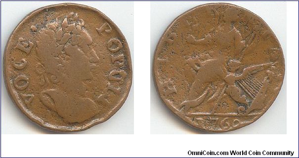 1760 Voce Populi Halfpenny.  Not shown is my 1700/1760 Halfpenny; both grades VG-10.