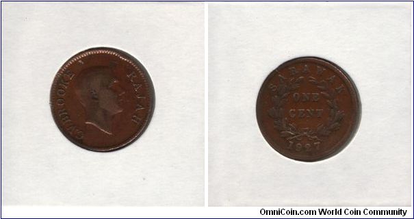 One Cent. Used in Sarawak during the 100 years White Rajah's Era. Potrait of Charles Vernier Brooke, the 3rd Rajah of Sarawak.