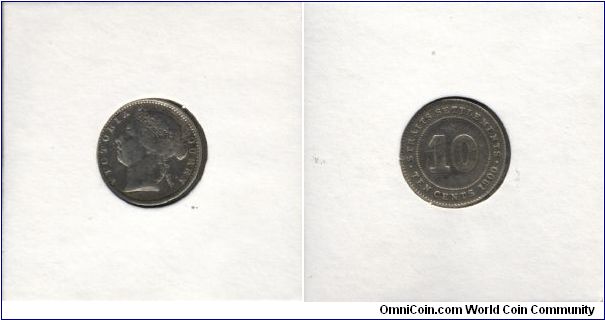 10 Cents. Silver '.800' fine. Potrait of Queen Victoria. Coin of Strait Settlements.