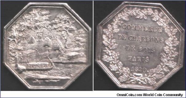 Commerce de Charbons de Bois. Silver jeton depicting the Charcoal trade in Paris.