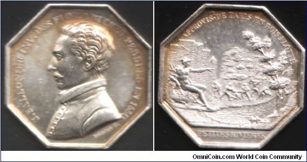 Commerce de Bois Flotte. Silver jeton depicting J Sallonier obv. and woodcutters reverse.