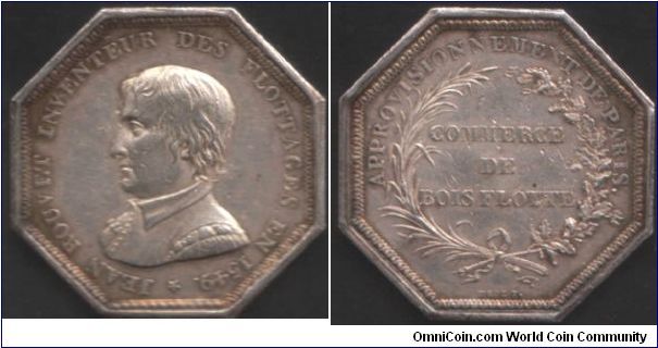 Commerce de Bois Flotte. Silver jeton depicting J Rouvet obv. as inventor of timber barging.