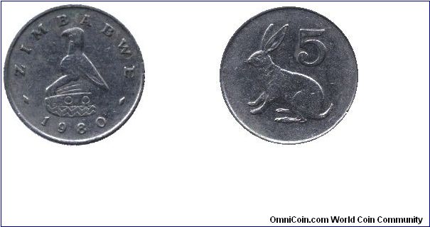Zimbabwe, 5 cents, 1980, Cu-Ni, Rabbit.                                                                                                                                                                                                                                                                                                                                                                                                                                                                             