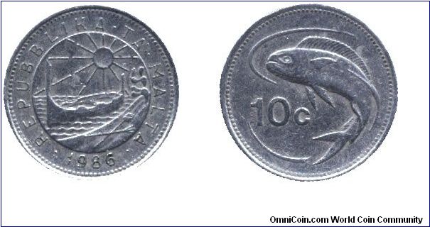 Malta, 10 cents, 1986, Cu-Ni, Fish.                                                                                                                                                                                                                                                                                                                                                                                                                                                                                 