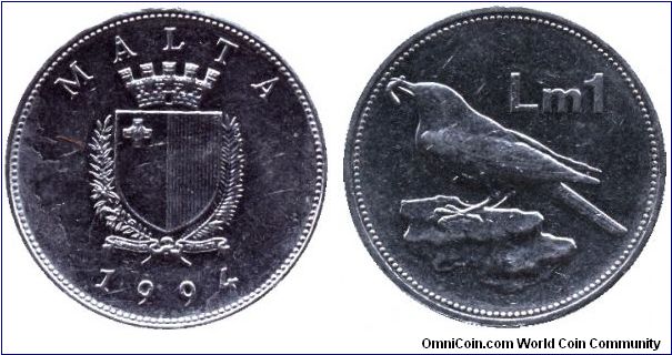 Malta, 1 lira, 1994, Ni, Merill Bird.                                                                                                                                                                                                                                                                                                                                                                                                                                                                               