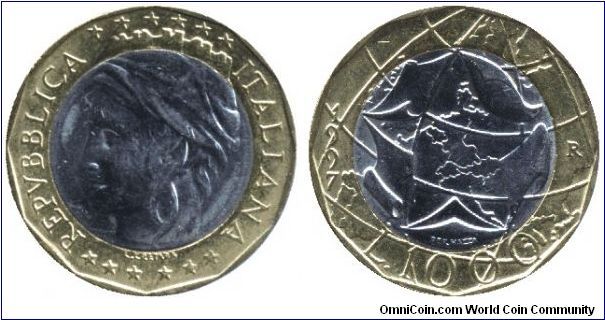 Italy, 1000 lira, 1997, Bi-metallic, Non-unified Germany.                                                                                                                                                                                                                                                                                                                                                                                                                                                           
