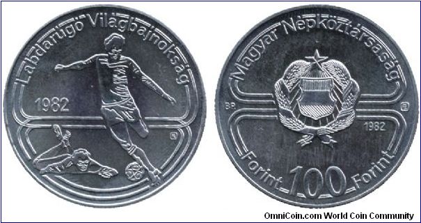 Hungary, 100 forint, 1982, Cu-Ni, Commemorating the World Football Championship in 1982.                                                                                                                                                                                                                                                                                                                                                                                                                            