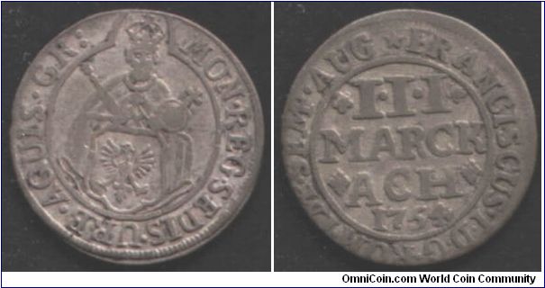 Aachen 3Marck. Small silver coin. Charlemagne obverse, denomination reverse.