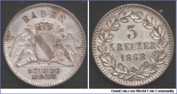Baden silver 3 kreuzer (.35). Nice coin but a couple of small stains obverse.