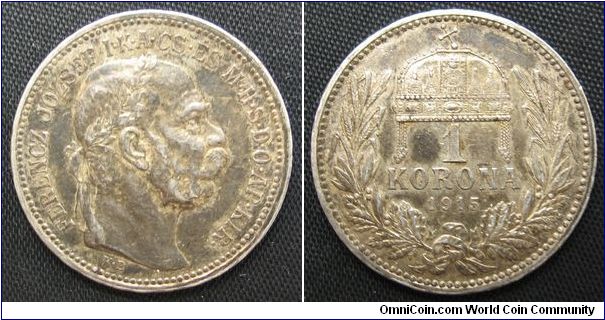 1 korona
Diameter: 23 mm, 5g
Ag 0.835
Mintage 3.934.000 coins.
Franz Joseph