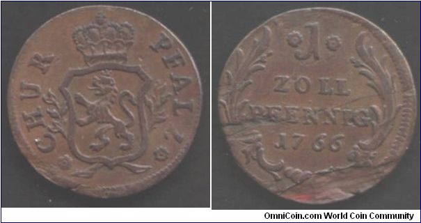 Chur Pfalz Zollpfennig. Interesting little copper coin that evidences poor metal mixing (lamination reverse at bottom, and cracked flan. Apart from that the condition is higher than appears.