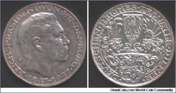 Weimar Republic `Hindenburg' medallic issue 5 marks by Goetz.