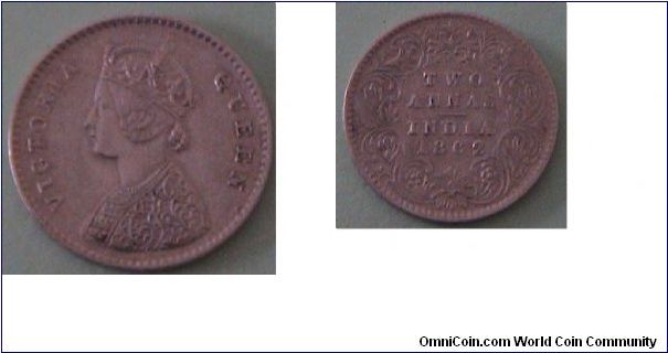 2 Annas. British India. Gothic Victoria. Silver coin