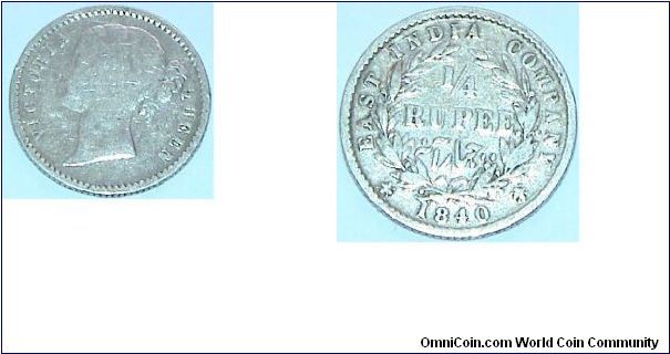 Quarter Rupee. East India Company. Q Victoria. Silver coin. Type 2