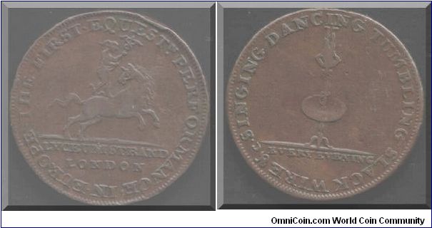 Rare conder 1/2d `Lyceum'. obverse shows mercury standing on a galloping horse. Reverse shows man balancing on a sword. Lancaster edge.